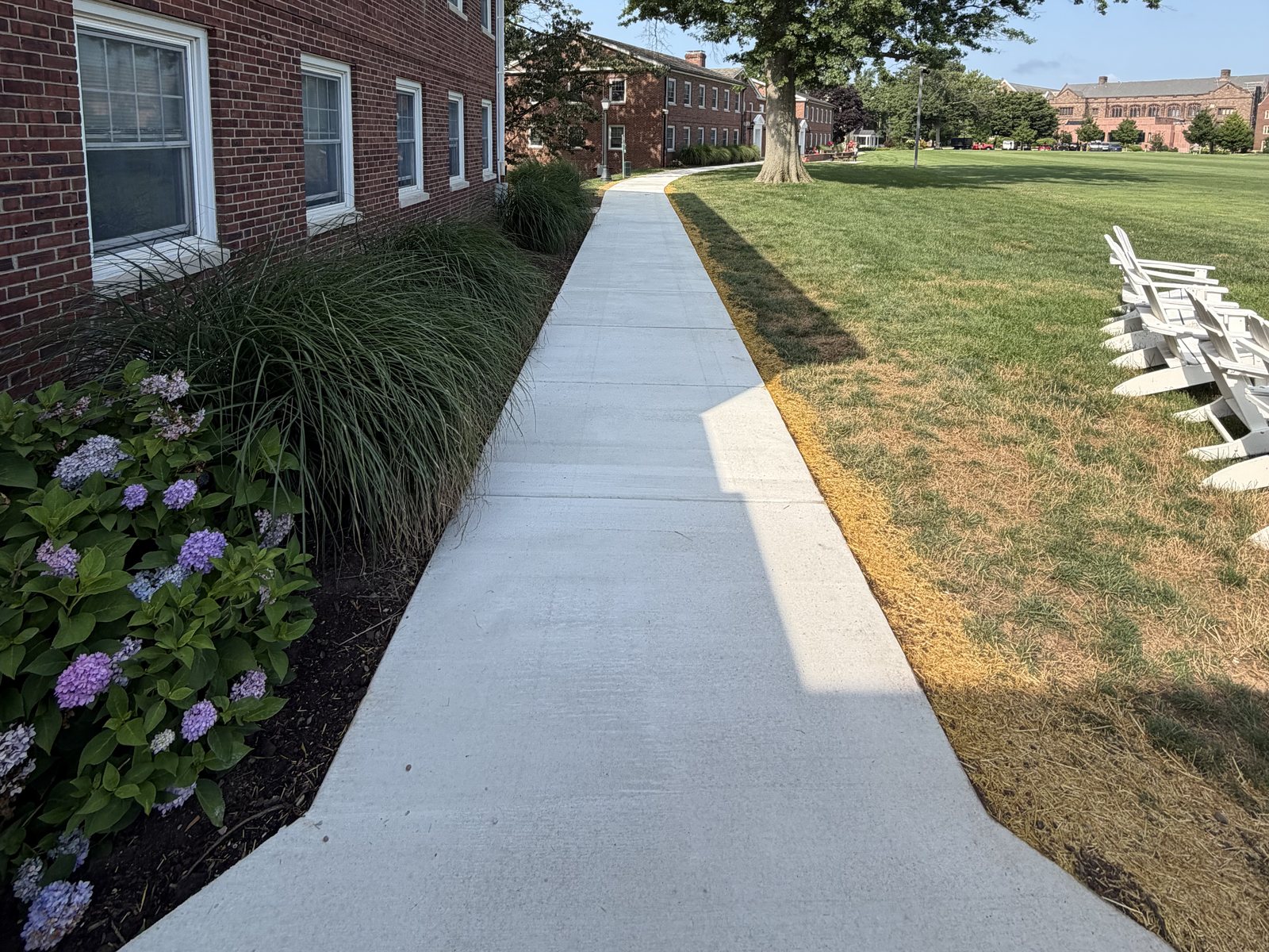 Wide concrete walkway poured along a campus building with clean joints and a crisp bed edge