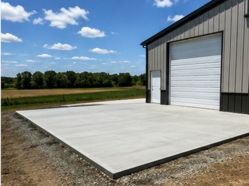 Poured and finished concrete pad at the entrance to a pole barn