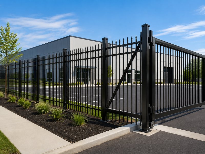 Black aluminum perimeter fencing with a cantilever slide gate at a commercial property