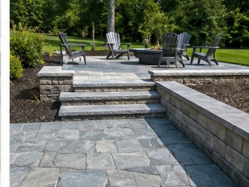 Paver patio with stone steps, a seat wall and a fire pit seating area